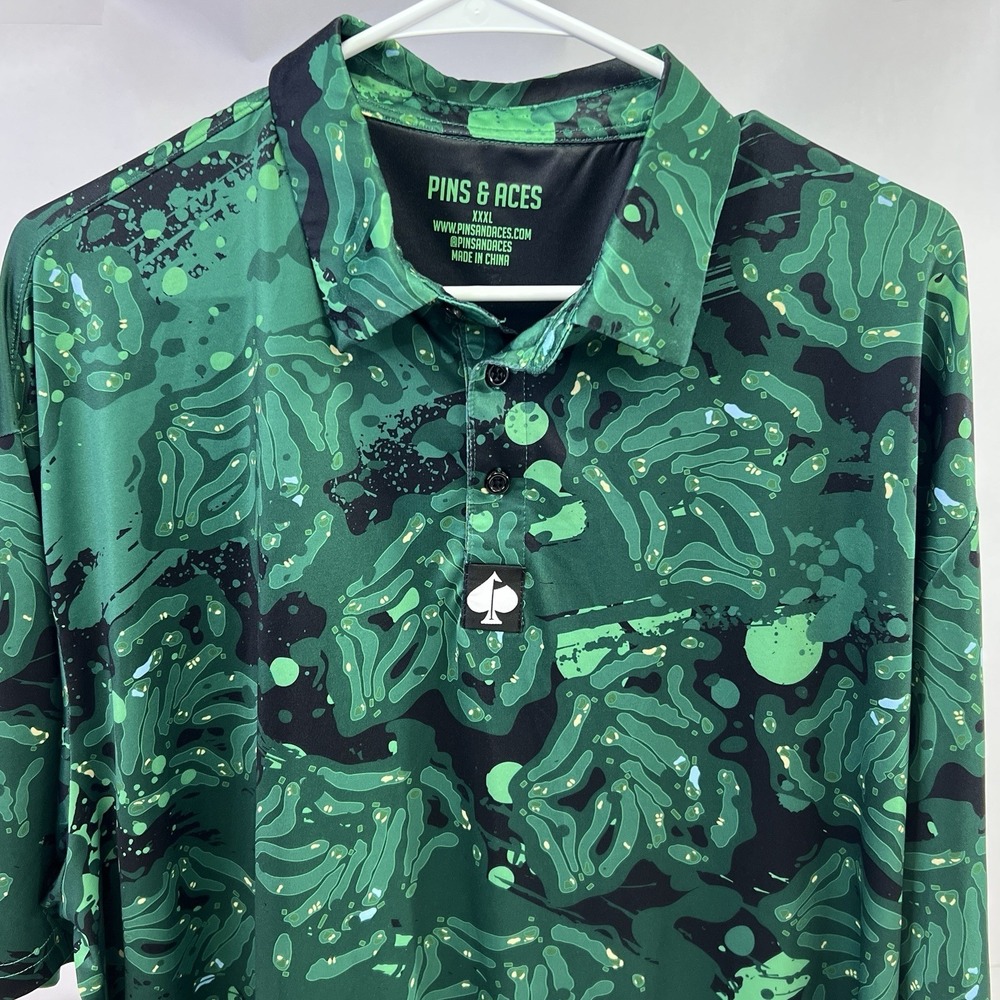 Pins Aces Golf Polo Shirt Mens XXXL Green Topo Golf Course Design Stretchy